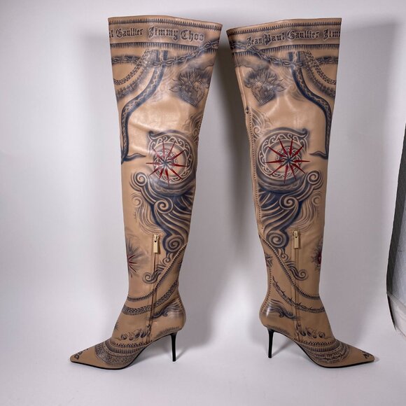Jimmy Choo x Jean Paul Gaultier Tan Leather 'Tattoo' Over the knee Boots - Picture 3 of 10